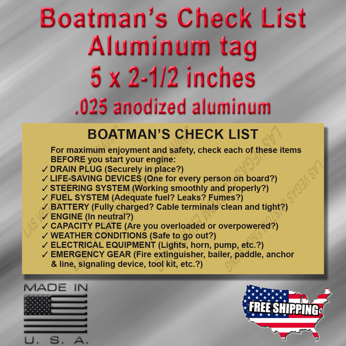 BOATMAN'S CHECK LIST Boating Safety Plate - 5x2.5 Aluminum Tag