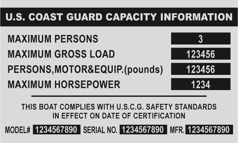 BOAT CAPACITY & Data PLATE SILVER Aluminum Tag with custom engraving included