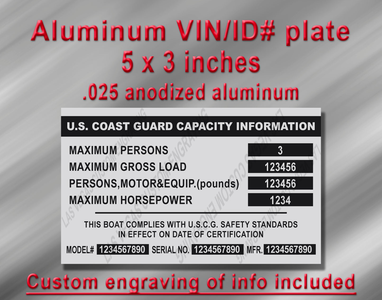 BOAT CAPACITY & Data PLATE SILVER Aluminum Tag with custom engraving included