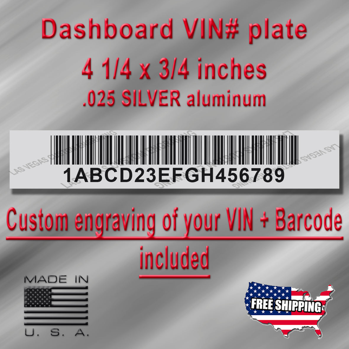 Dashboard / Windshield VIN PLATE With Barcode SILVER Vehicle Identification Number Aluminum id Tag with custom engraving included