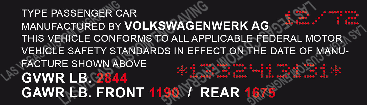 VOLKSWAGEN BEETLE Aluminum VIN/Data plate - Customization included