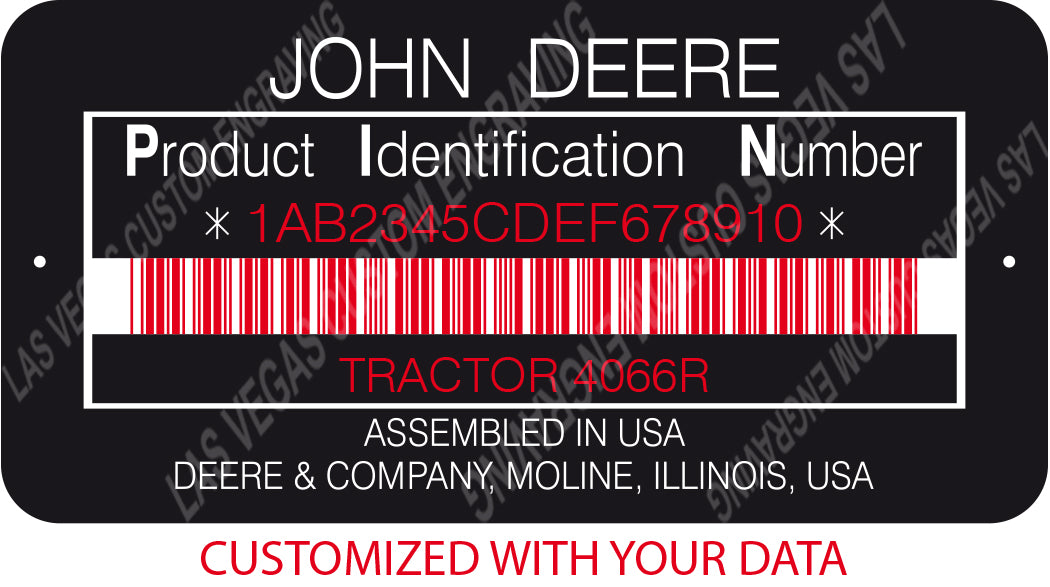 JOHN DEERE Data plate Replacement Aluminum Tag with custom engraving included