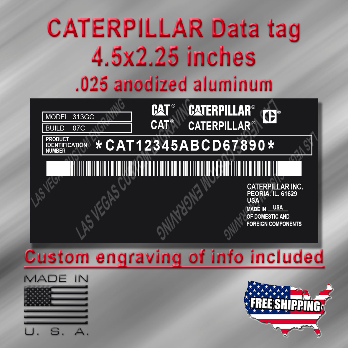 CATERPILLAR Data plate Replacement Model 4 Aluminum Tag with custom engraving included