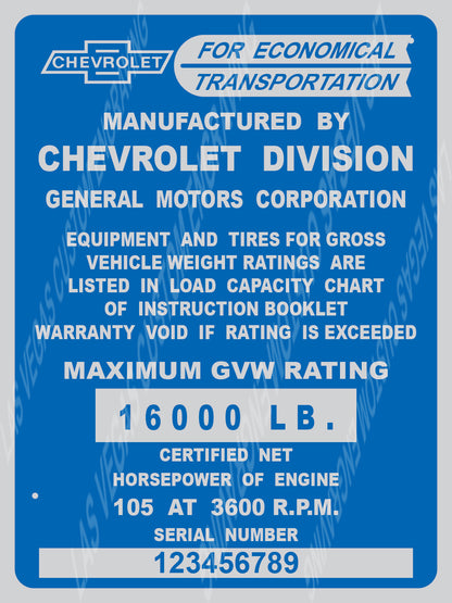 CHEVROLET C10 "Economical transportation" Aluminum VIN/Data plate Replica - Customization included