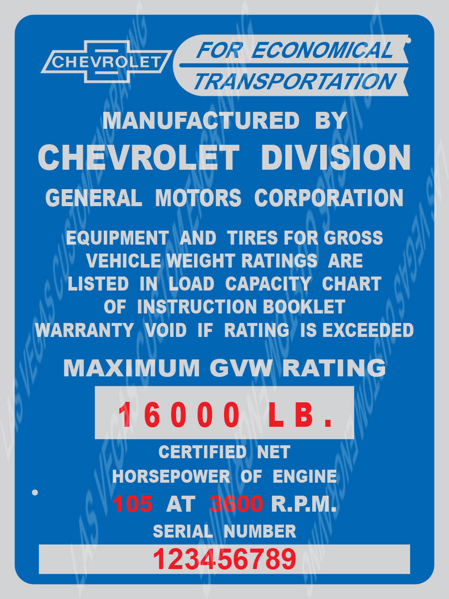 CHEVROLET C10 "Economical transportation" Aluminum VIN/Data plate Replica - Customization included