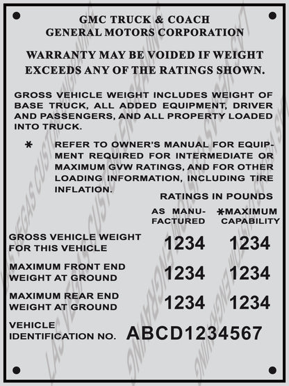 GMC TRUCK & COACH Aluminum VIN/Data plate Replica - Customization included