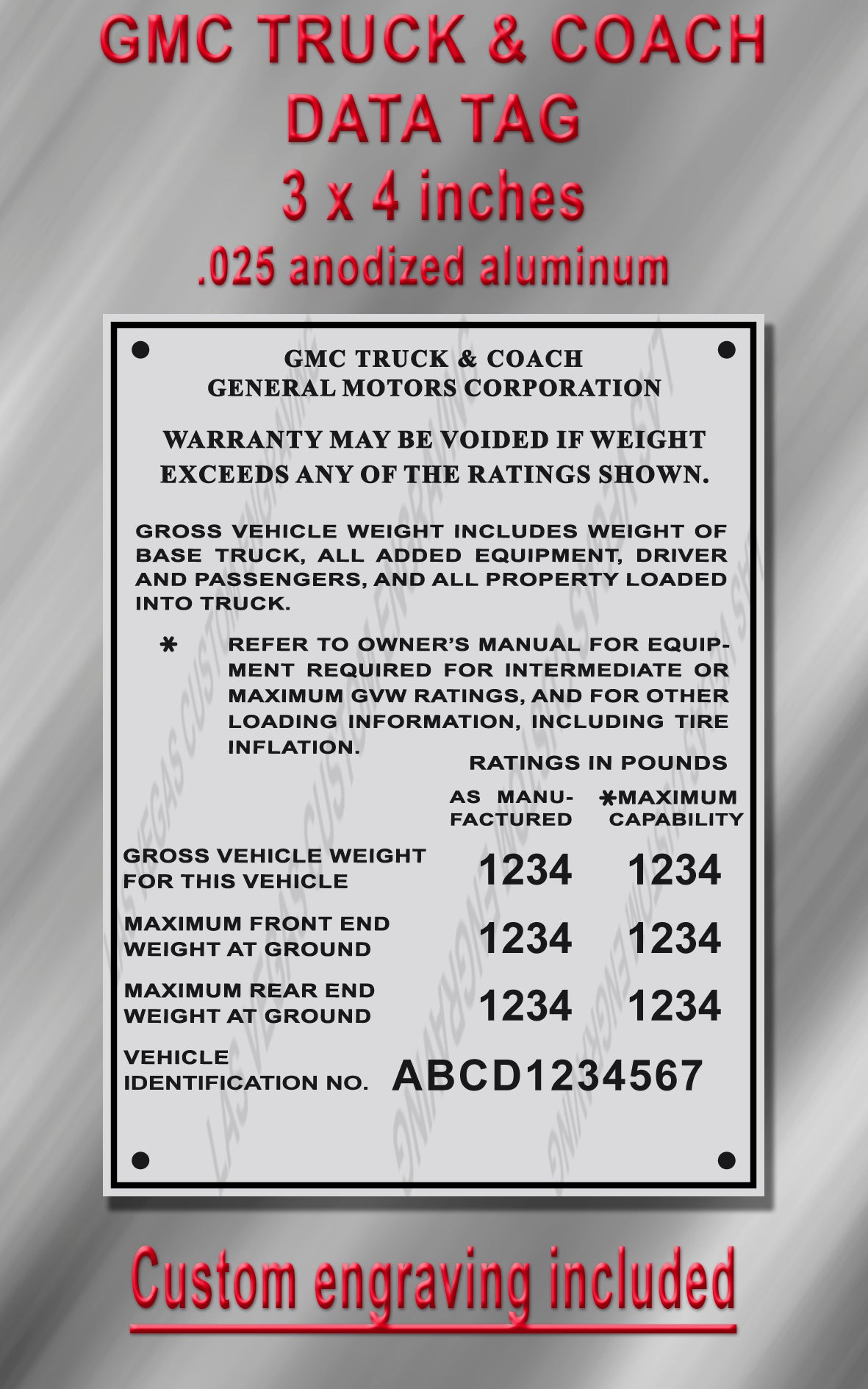 GMC TRUCK & COACH Aluminum VIN/Data plate Replica - Customization included