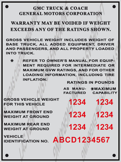 GMC TRUCK & COACH Aluminum VIN/Data plate Replica - Customization included