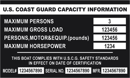 BOAT CAPACITY & Data PLATE BLACK Aluminum Tag with custom engraving included