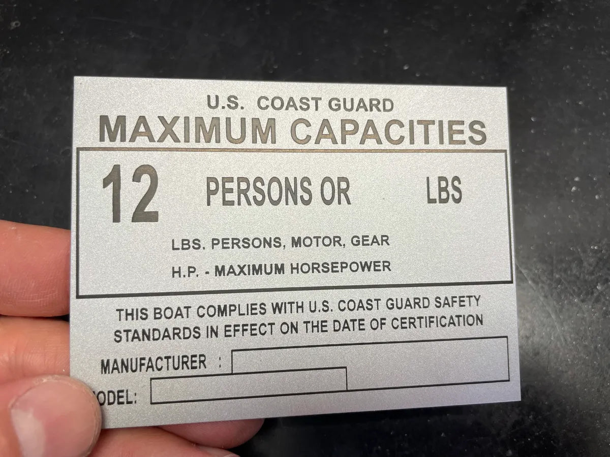 MAX. CAPACITIES Boat PLATE - 4x3 SILVER Aluminum Tag with custom engraving of your info included