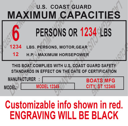 MAX. CAPACITIES Boat PLATE - 4x3 SILVER Aluminum Tag with custom engraving of your info included