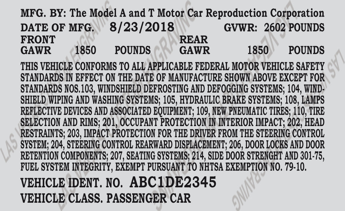 FORD / SHAY Model A & T Aluminum Vin/Data plate - Customization included