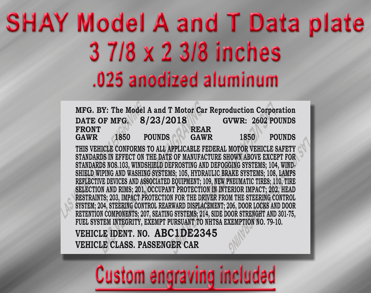 FORD / SHAY Model A & T Aluminum Vin/Data plate - Customization included