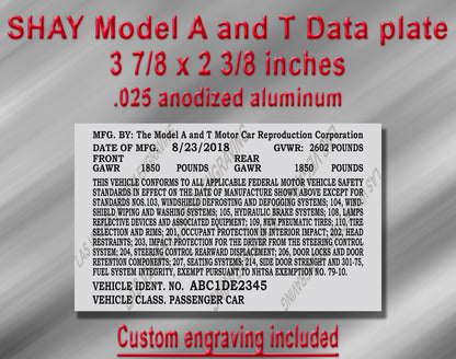 FORD / SHAY Model A & T Aluminum Vin/Data plate - Customization included